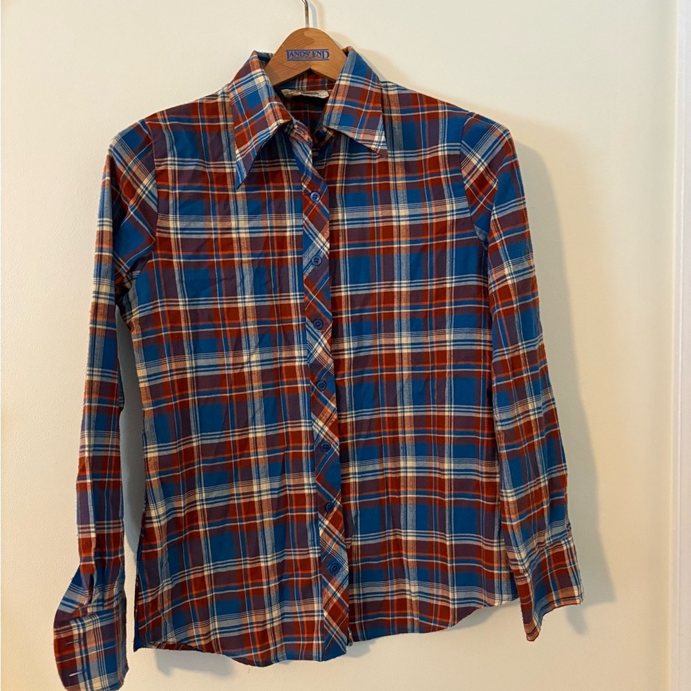 Vintage 1970s flannel organic cotton Plaid Button-Up Shirt